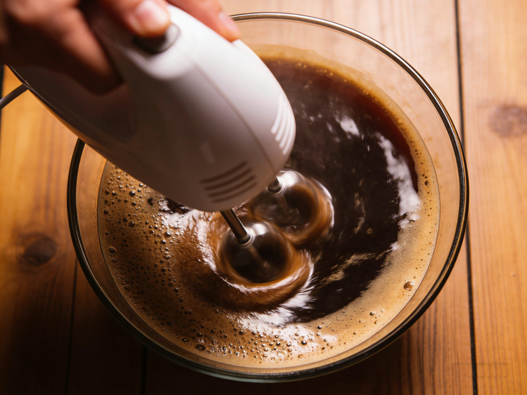 Hand mixer whisking coffee and sugar mixture in glass bowl until thick and frothy, step-by-step coffee making process