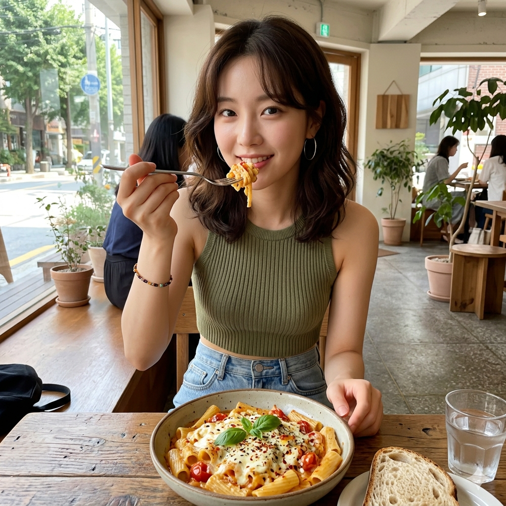 Asian woman Eating baked feta pasta in a restaurant atmosphere