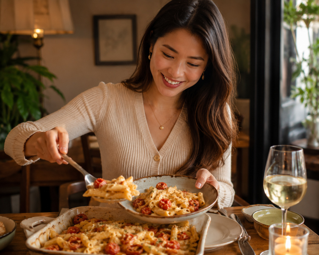 Smiling Asian woman serving homemade baked feta pasta in a cozy private dining restaurant atmosphere
