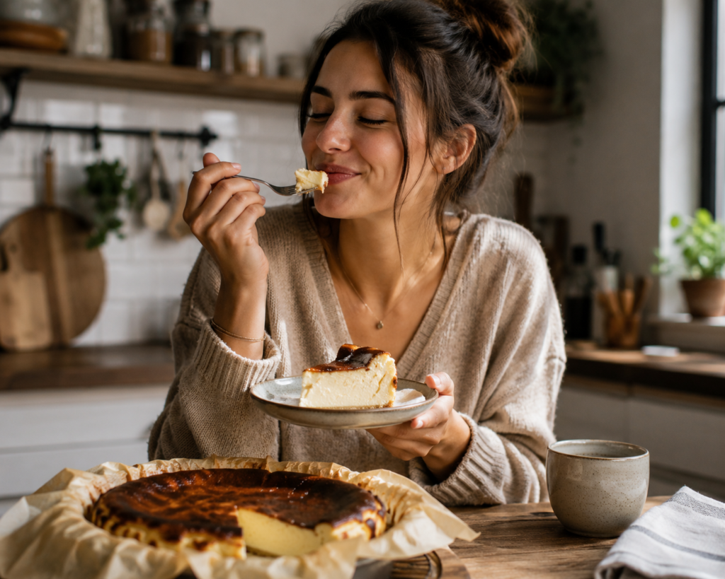 Young woman smiling while enjoying homemade Basque Burnt Cheesecake in a cozy kitchen