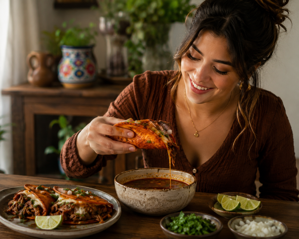 Young woman smiling while enjoying homemade birria tacos with consommé at a cozy dining table