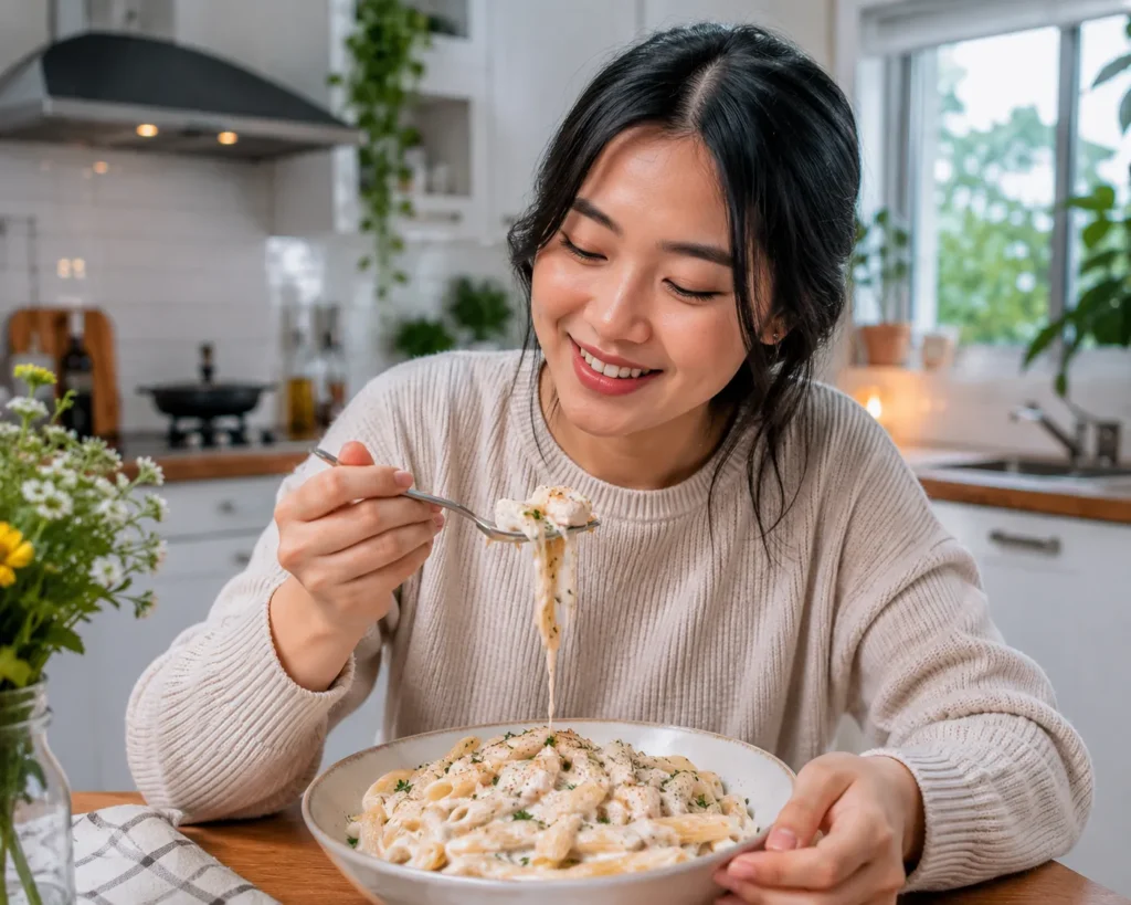 Young woman with black hair smiling while enjoying homemade creamy one-pot pasta in a bright modern kitchen