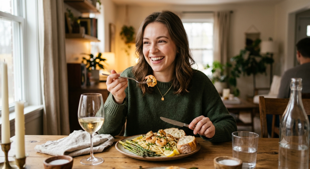 A happy young woman smiling while enjoying a homemade garlic butter shrimp dinner at a cozy dining table in a warm, natural setting.