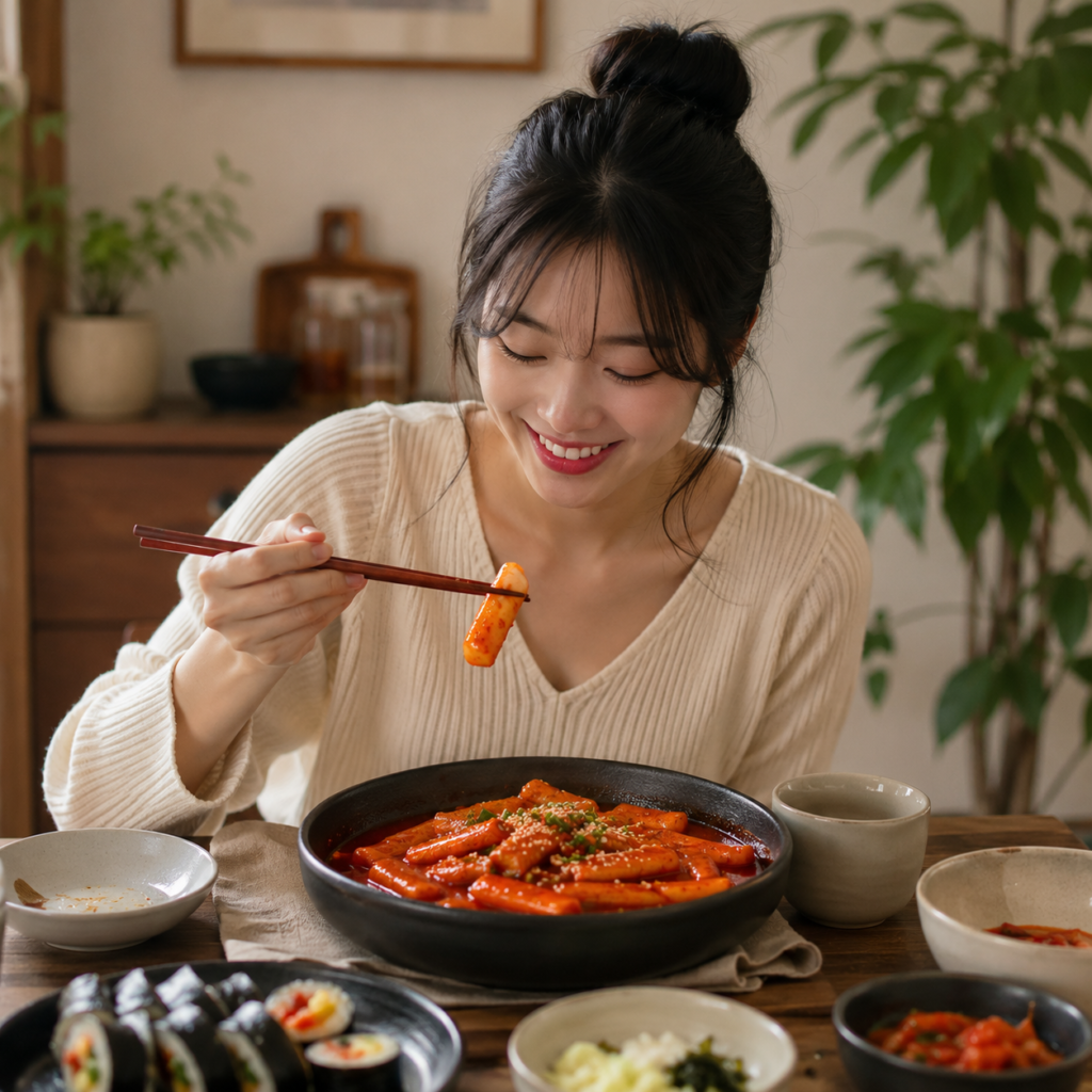Young woman enjoying homemade Korean tteokbokki at a cozy dining table with traditional Korean side dishes.