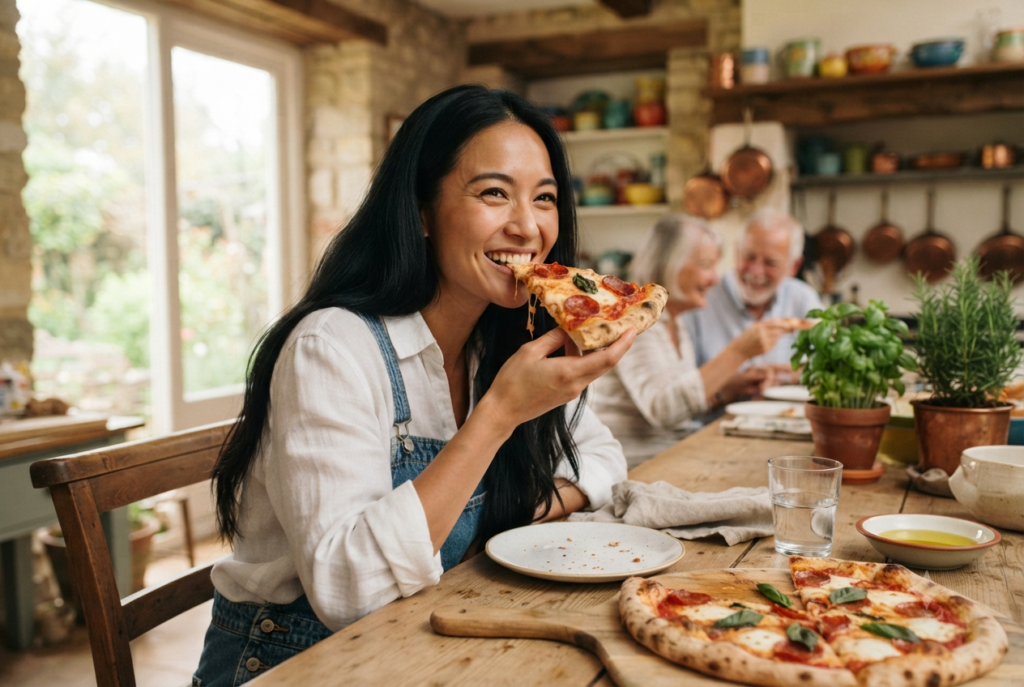 Young woman enjoying a freshly baked homemade pizza during pizza night.