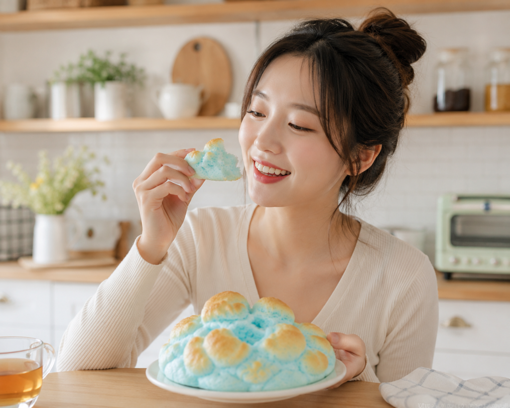 Young Korean woman smiling while enjoying homemade Cloud Bread in a cozy kitchen