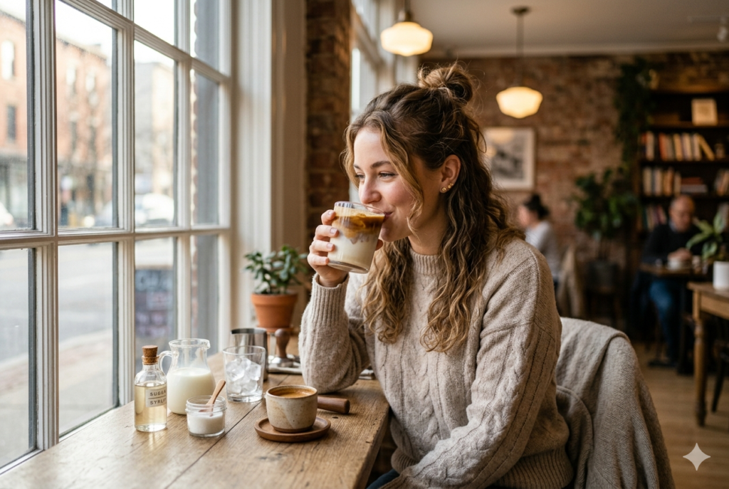 A smiling young woman in a cozy sweater enjoying a homemade layered dirty coffee next to a bright window inside a warm café atmosphere
