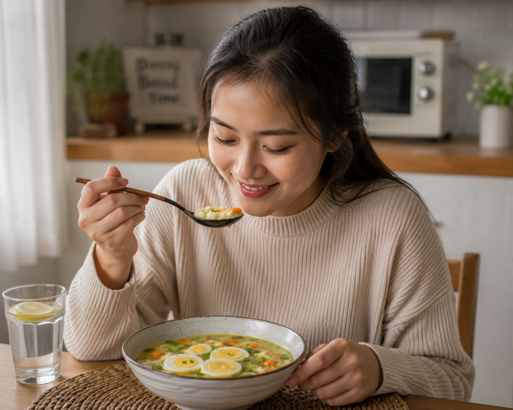 Young woman enjoying healthy homemade egg soup at dining table in cozy home kitchen