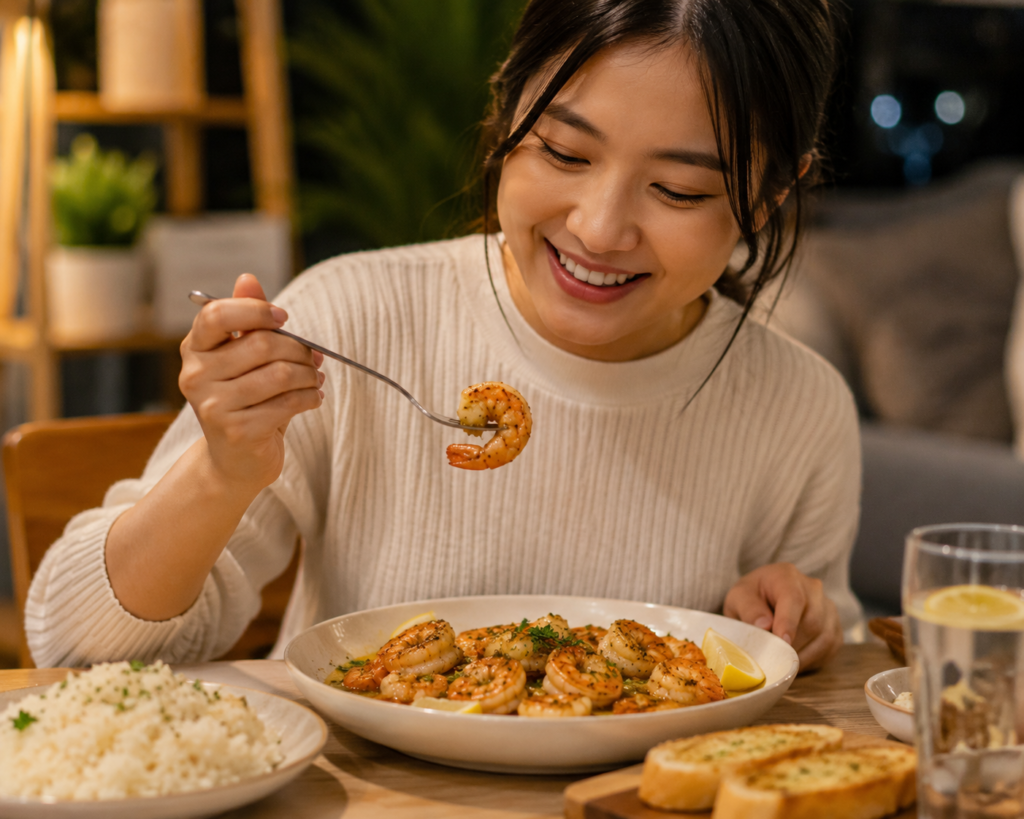 Young woman smiling while enjoying homemade Garlic Butter Shrimp at a cozy dining table, featuring a quick and easy seafood dinner