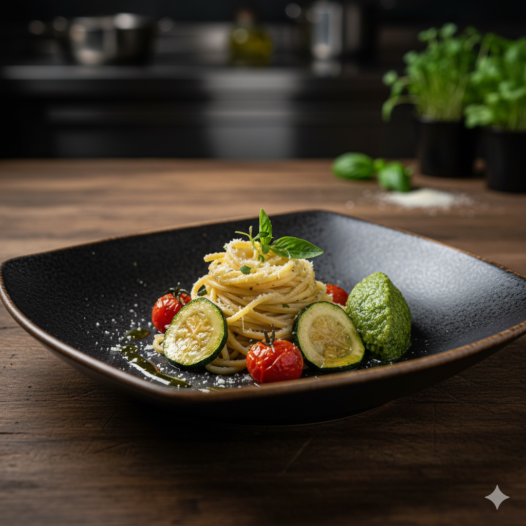 Seen from the front, Italian zucchini pasta, on a wooden table and a black rectangular plate.