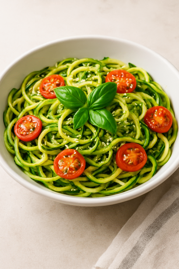 A bowl of Italian zucchini pasta with cherry tomatoes, parmesan cheese, and fresh basil, served as a healthy low carb dinner option.
