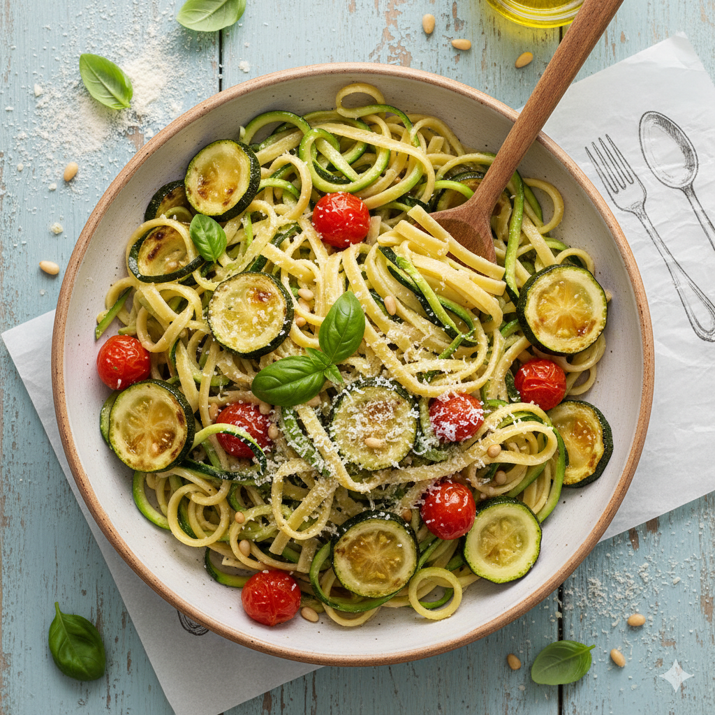 Top view, zucchini pasta on a plate with a white atmosphere, with a wooden spoon.