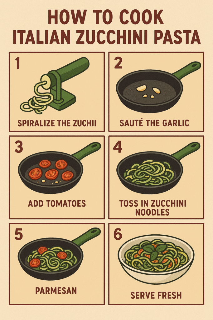 Step by step illustration showing how to cook Italian zucchini pasta, from spiralizing zucchini to serving a healthy low carb pasta dish.