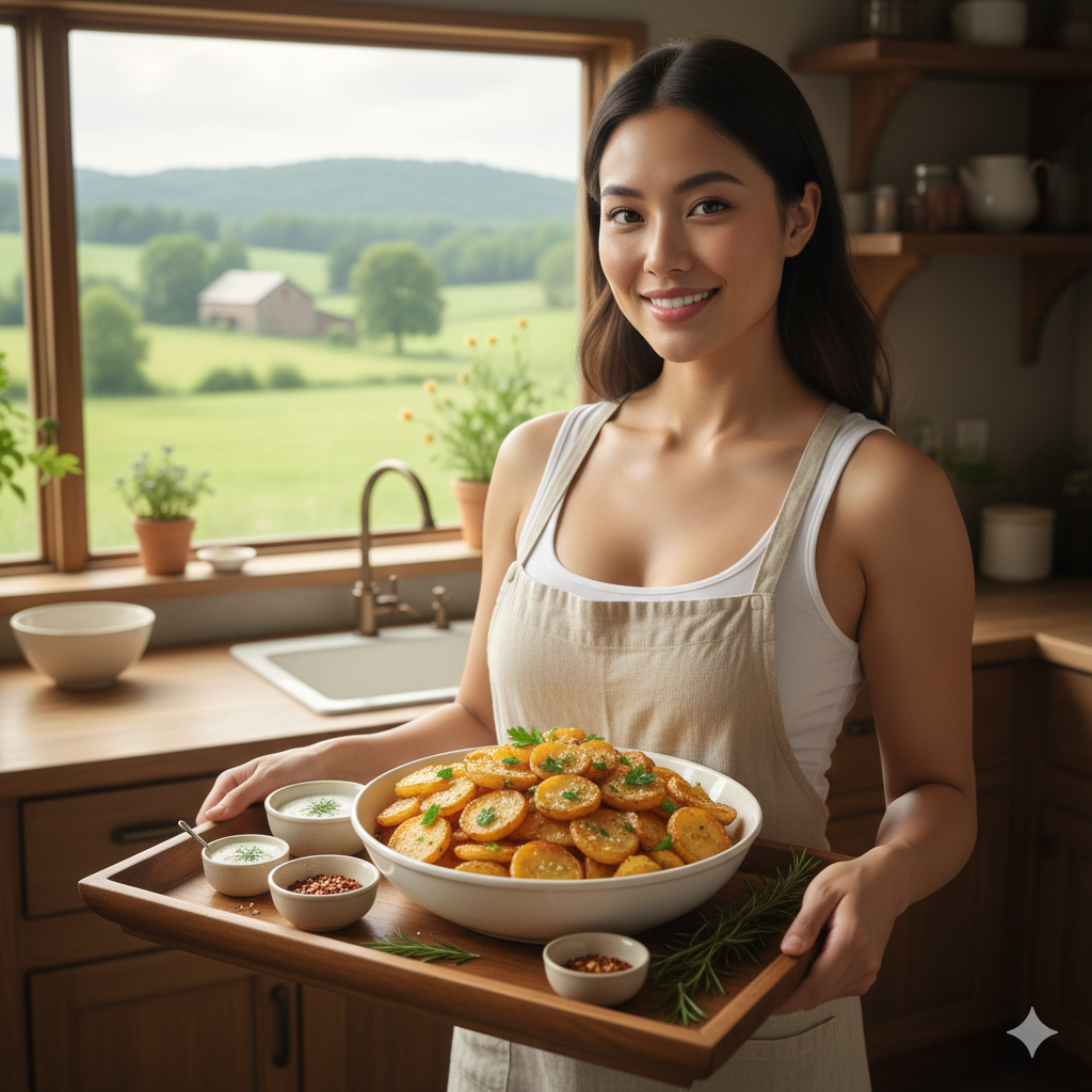 Crispy round potato slices seasoned with herbs and sea salt, presented in a ceramic bowl on a wooden serving tray with assorted dipping sauces including garlic aioli and spicy tomato dip.