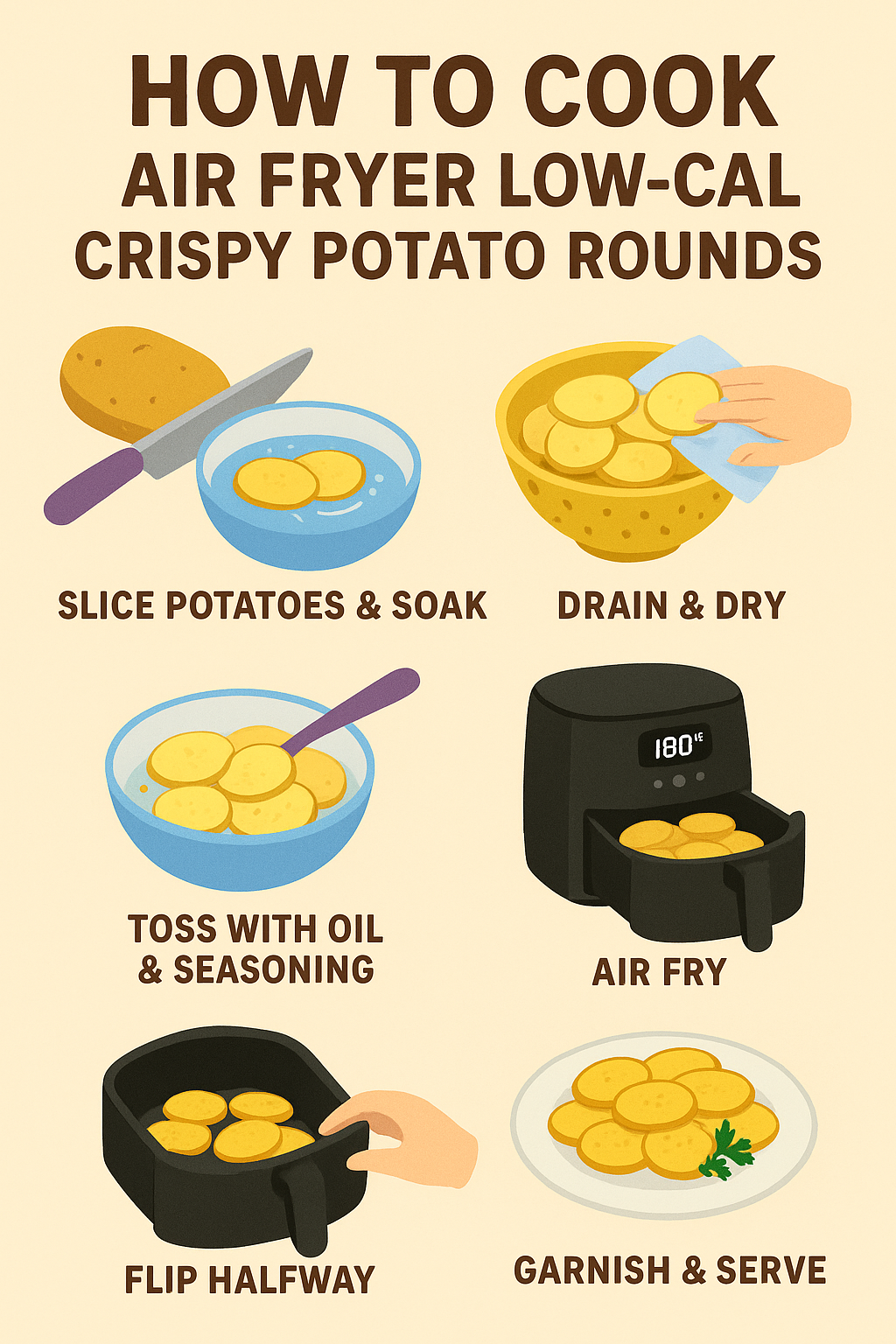 Detailed illustrated poster guide demonstrating the process of preparing low calorie crispy potato rounds in an air fryer, including slicing evenly, seasoning lightly, air frying to a golden crisp texture, and plating for a healthy snack presentation.