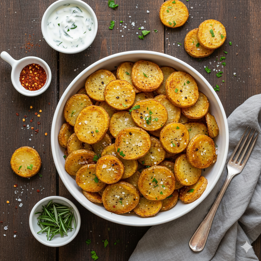 Top view, round potatoes, on a wooden table in a white ceramic bowl, with various sauces.