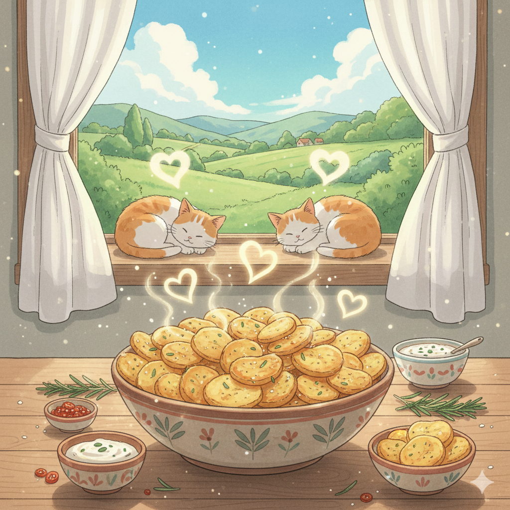 Front view anime illustration of seasoned round potato slices with light herb garnish on a rustic table, set against a window revealing a warm and picturesque village scenery at sunset.