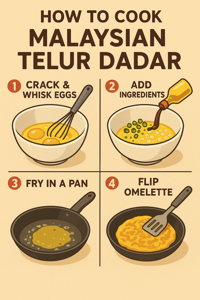 Step by step how to cook Malaysian Telur Dadar omelette illustrated in a cooking poster style with whisking eggs, adding ingredients, frying, and flipping the omelette