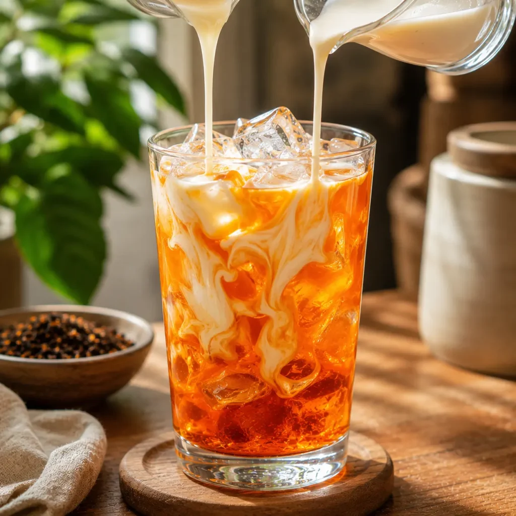 Sweetened condensed milk and evaporated milk poured into Thai iced tea