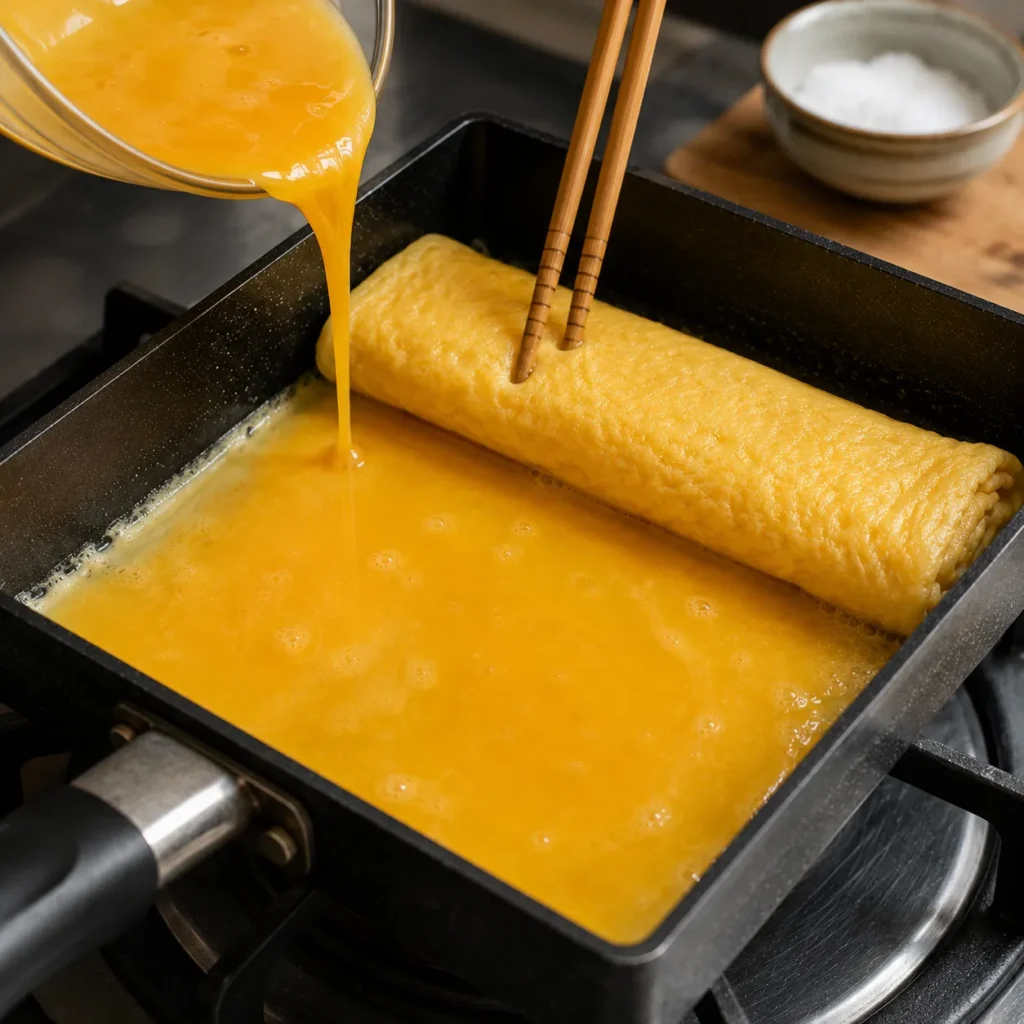 Fresh egg mixture being poured beneath a rolled Tamagoyaki to create soft layered Japanese omelet.