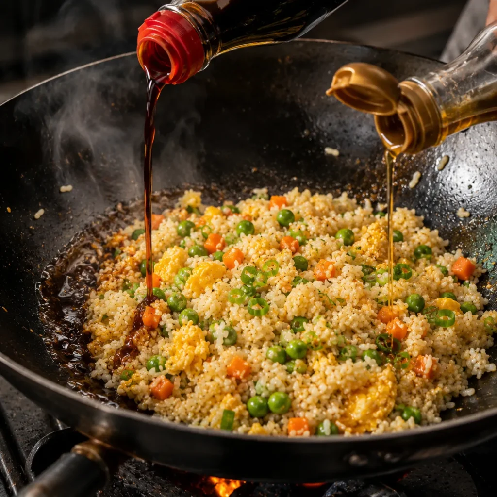 Soy sauce and sesame oil being drizzled into a hot wok filled with Chinese Fried Rice.