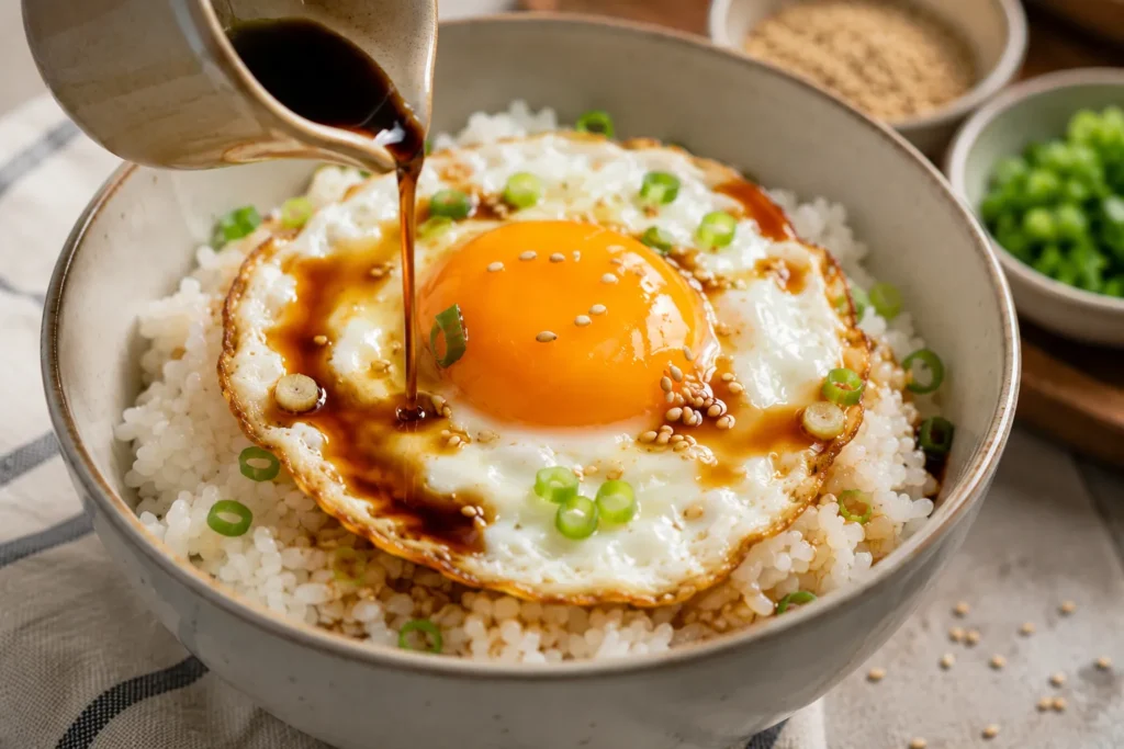 Soy sauce poured over fried egg and rice with toasted sesame seeds for classic Korean egg rice.