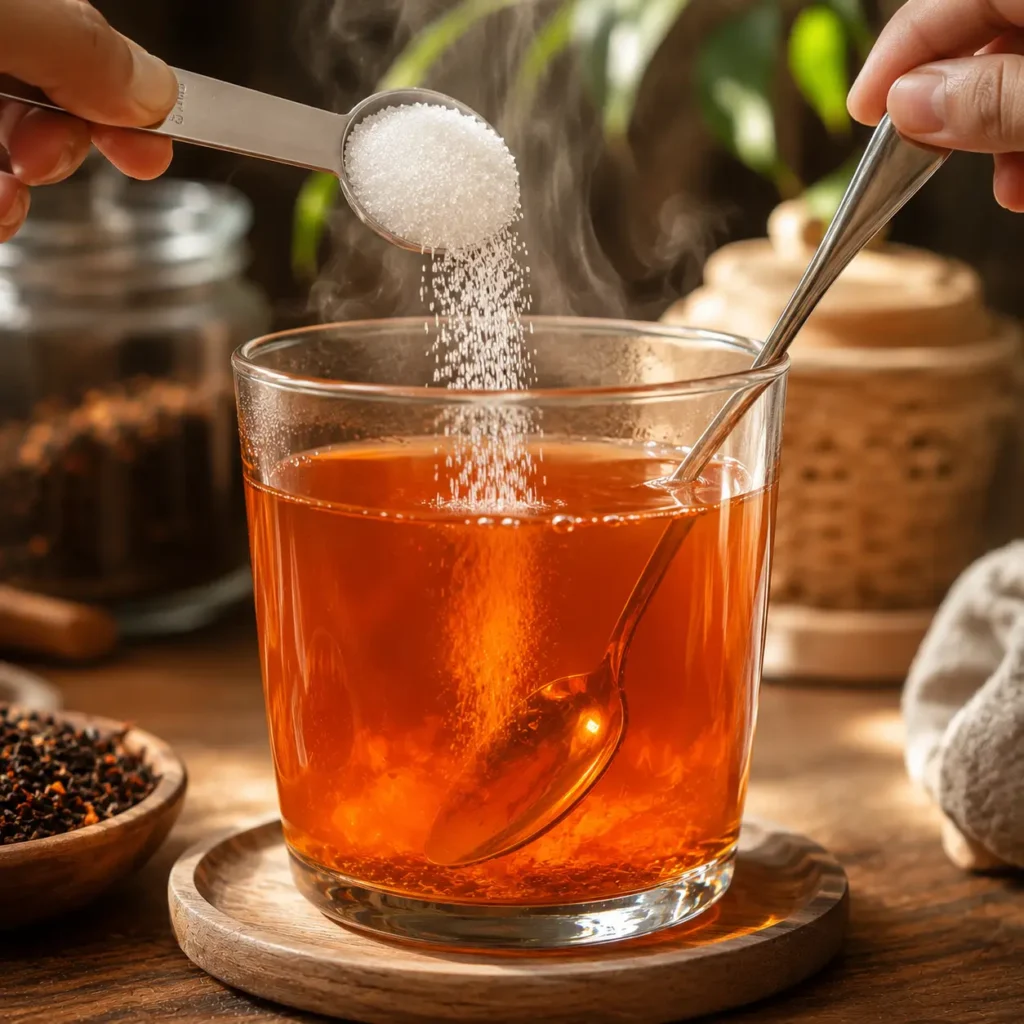 Sugar being stirred into freshly brewed hot Thai tea