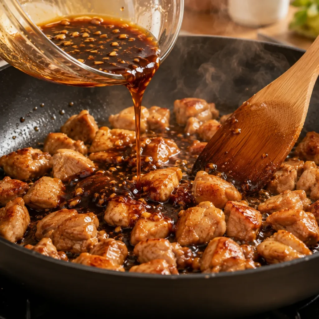Pouring homemade teriyaki sauce over browned chicken bites in a non-stick skillet.