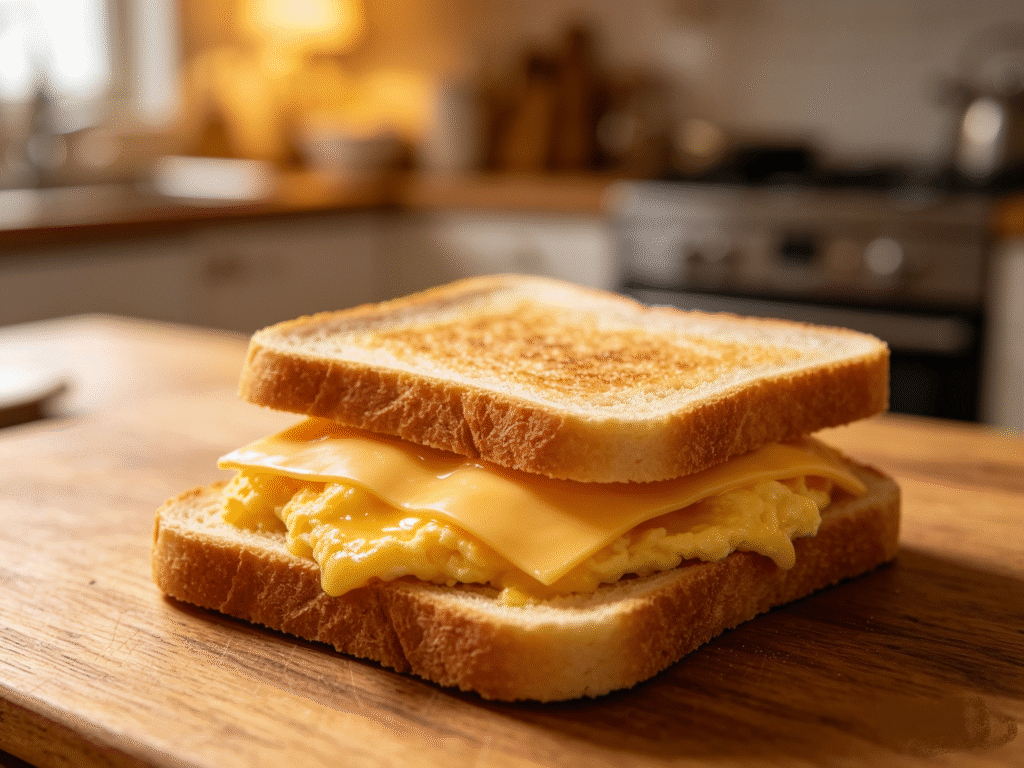 Assembling homemade egg sandwich