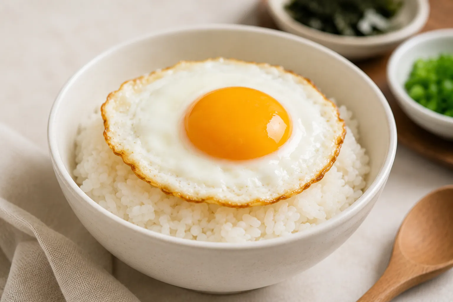 Sunny-side-up egg placed on top of warm short-grain rice in a ceramic bowl for Gyeran Bap.