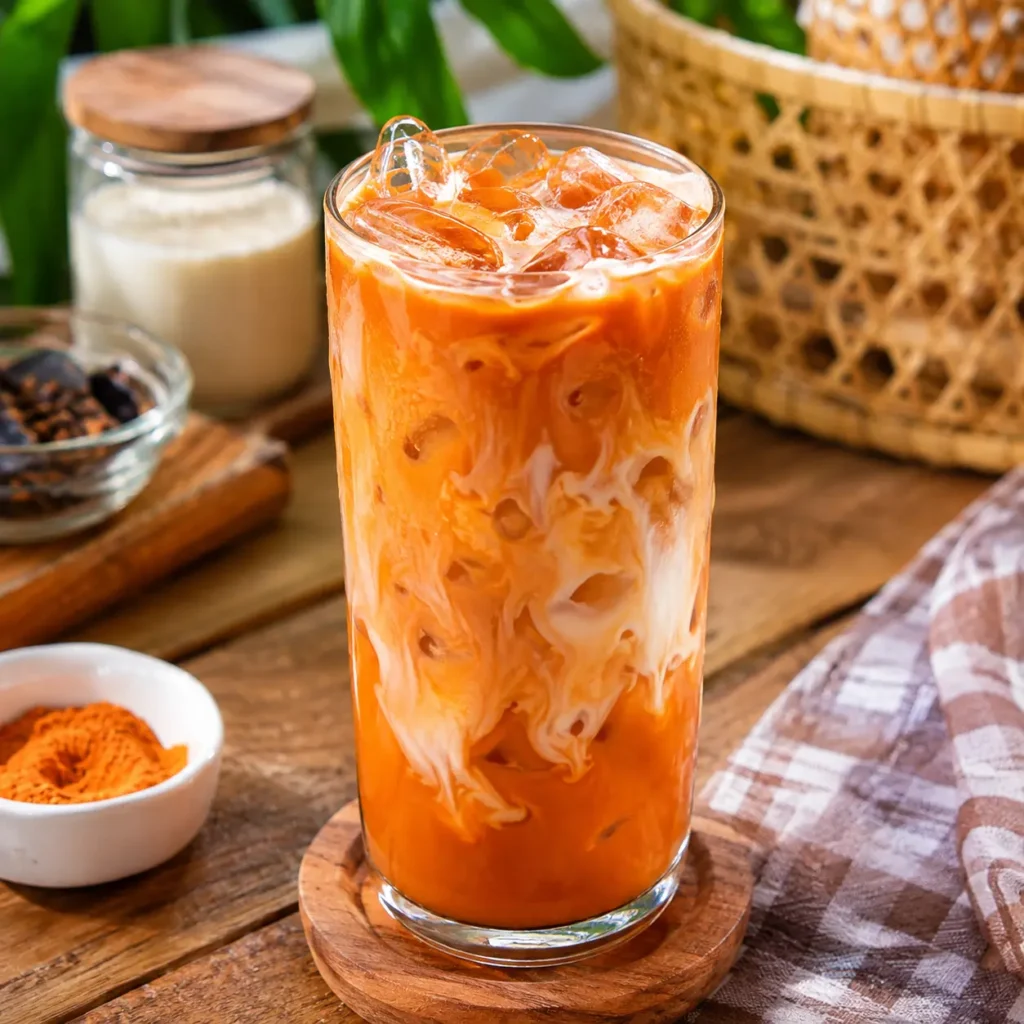 Authentic Thai iced tea with creamy milk, sweetened condensed milk, and ice in a tall glass