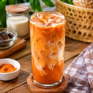 Authentic Thai iced tea with creamy milk, sweetened condensed milk, and ice in a tall glass