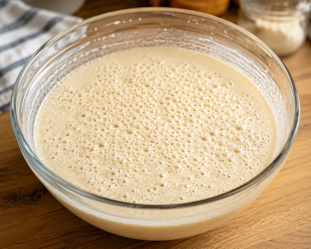 Moroccan Baghrir batter resting in a clear glass bowl with bubbles forming on the surface before cooking.