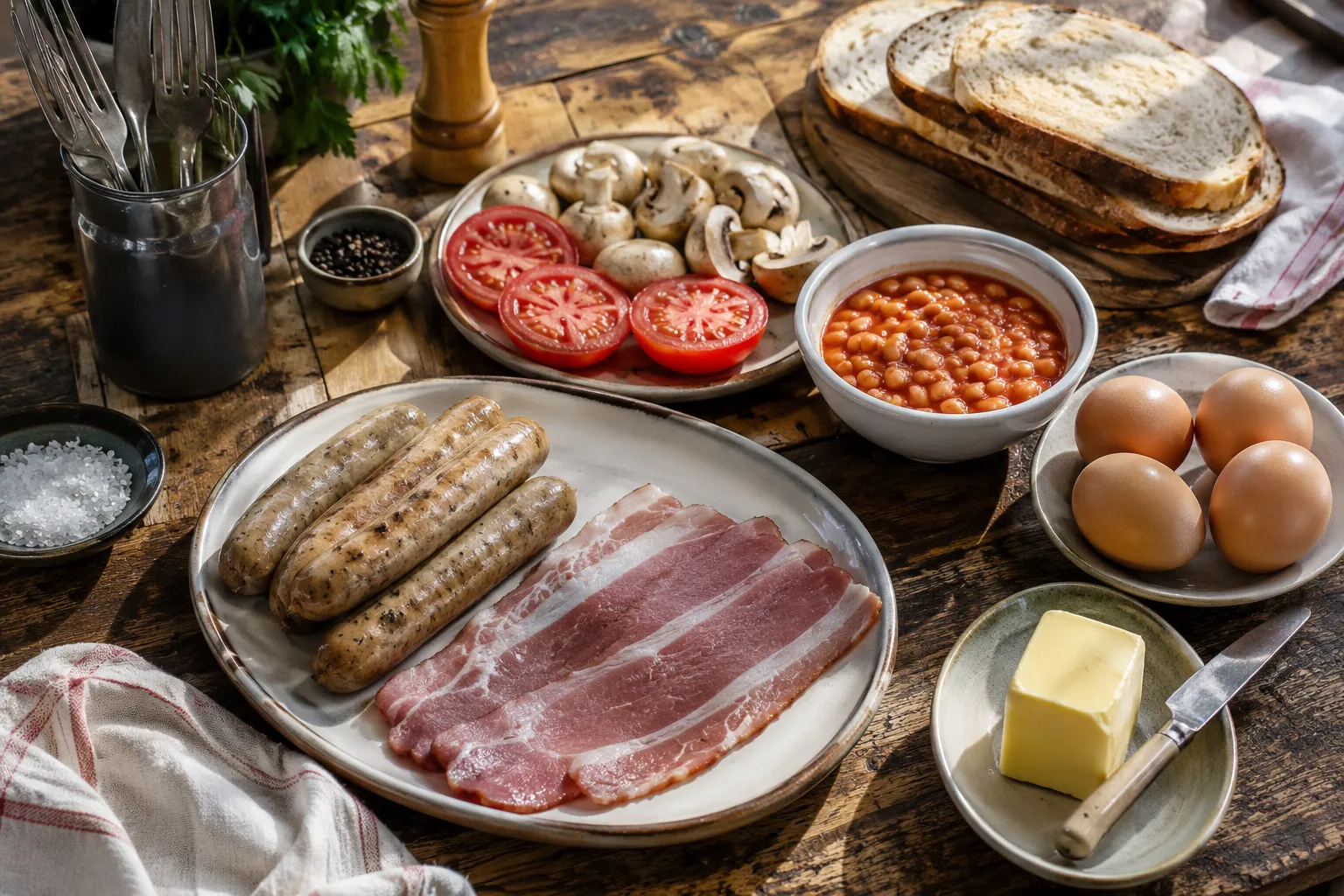Fresh ingredients for a homemade halal British Full Breakfast including beef sausages, halal beef bacon, eggs, baked beans, tomatoes, sourdough bread, butter, and mushrooms on a rustic wooden table.