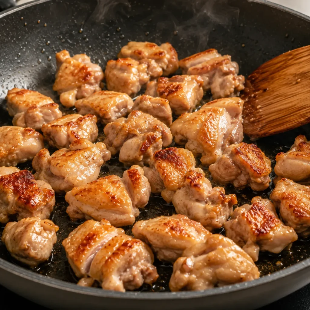 Browning bite-sized chicken pieces in a skillet for Juicy Teriyaki Chicken Bites.