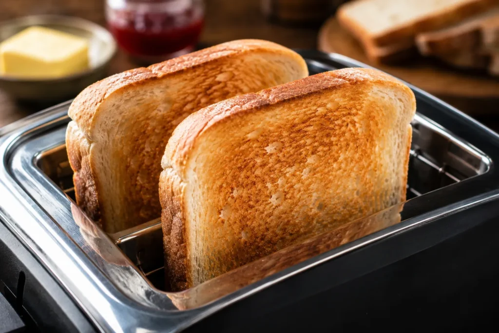Golden toasted sourdough bread with melted butter prepared for a traditional British Full Breakfast.