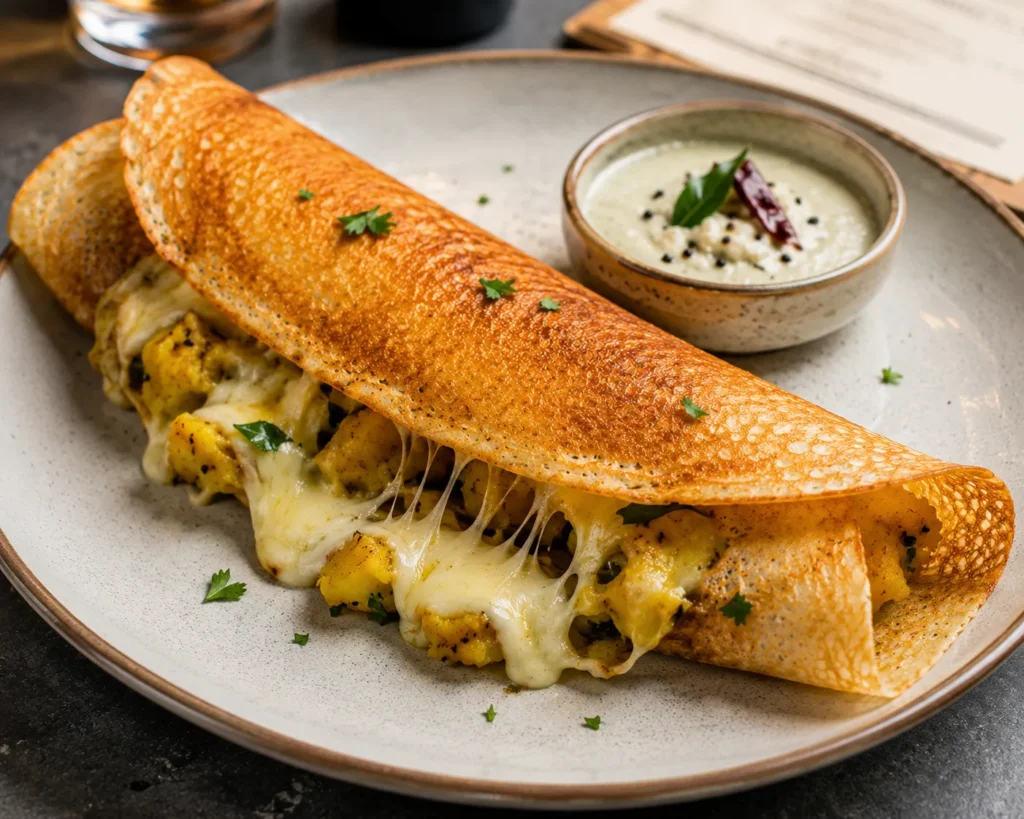Cheese Masala Dosa with melted mozzarella filling served with coconut chutney on a ceramic plate