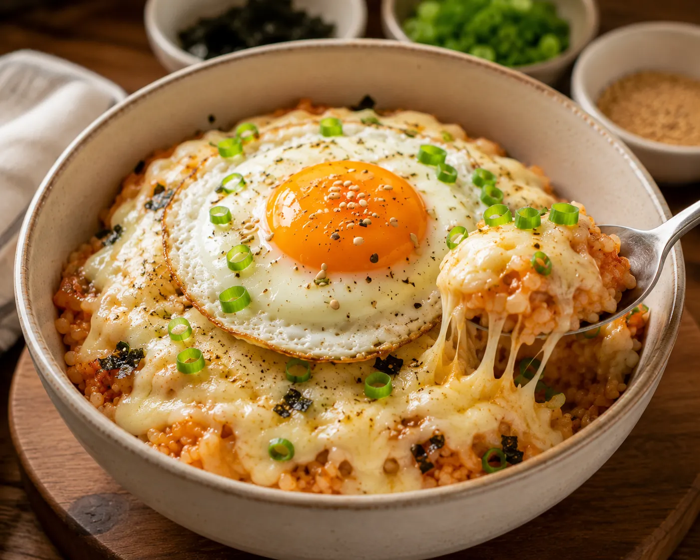 Cheesy Gyeran Bap with melted mozzarella, fluffy rice, and a sunny-side-up egg.