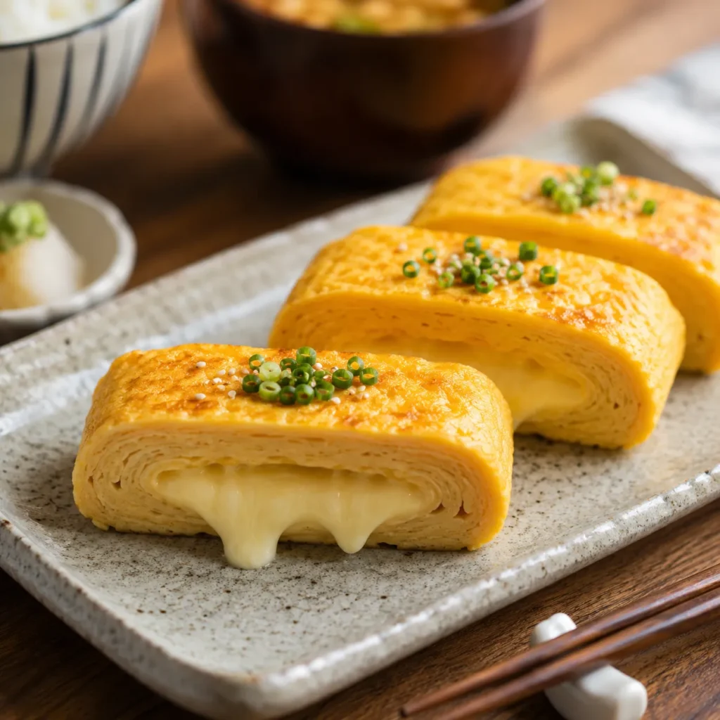 Japanese Tamagoyaki stuffed with melted mozzarella cheese and sliced to reveal a gooey cheesy center.