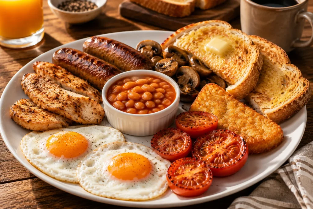 Traditional chicken breakfast plate with grilled chicken sausages, crispy chicken bacon, sunny-side-up eggs, baked beans, grilled tomatoes, and buttered sourdough toast served on a white ceramic plate