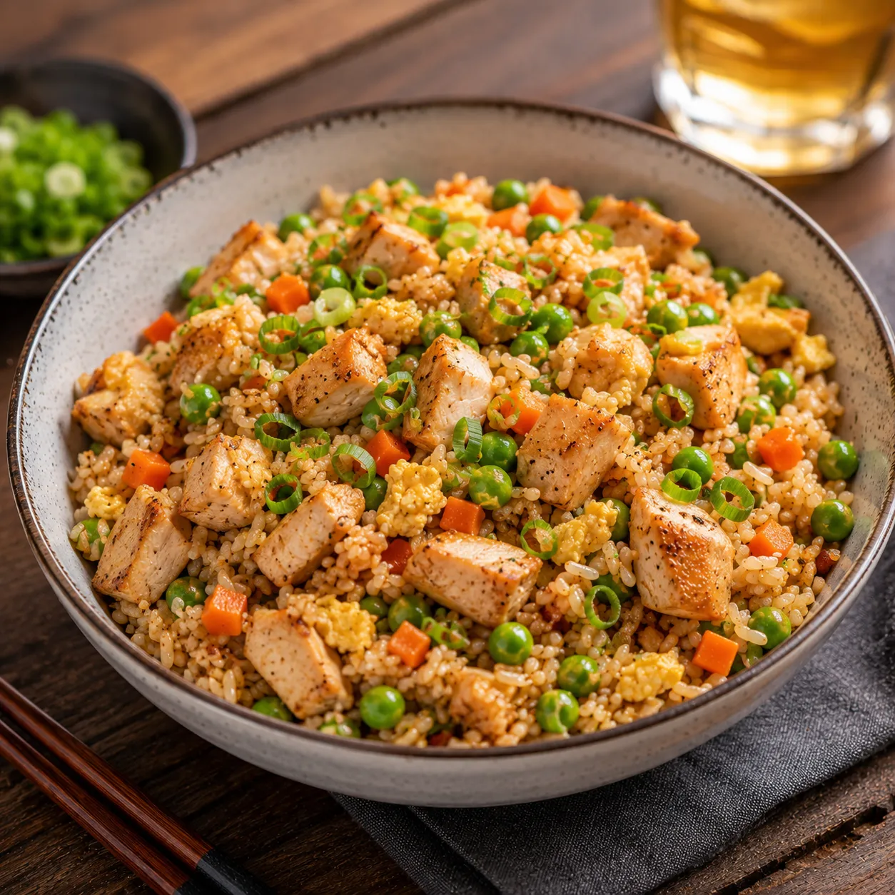 Chinese Fried Rice with juicy diced chicken breast, eggs, and colorful vegetables served in a ceramic bowl.
