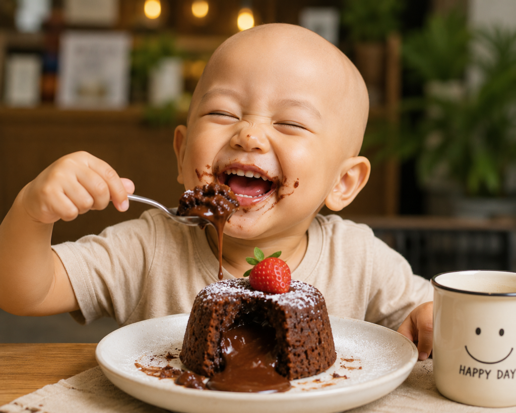 Happy child enjoying a homemade chocolate lava cake with a warm molten chocolate center