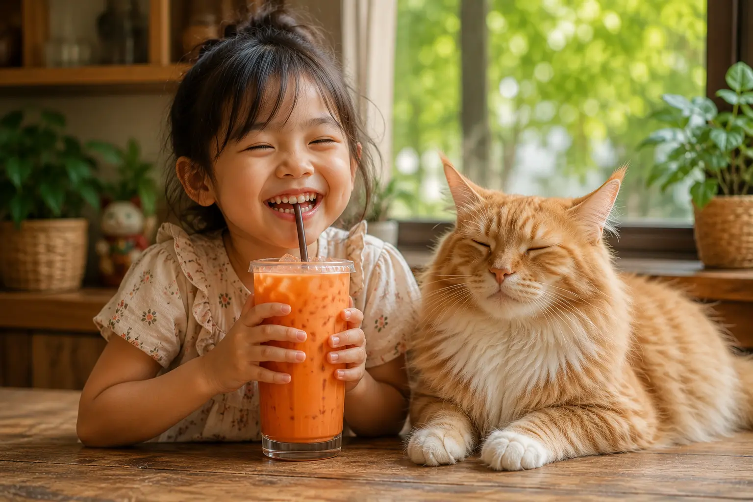 Cheerful child drinking Thai iced tea beside a large fluffy cat