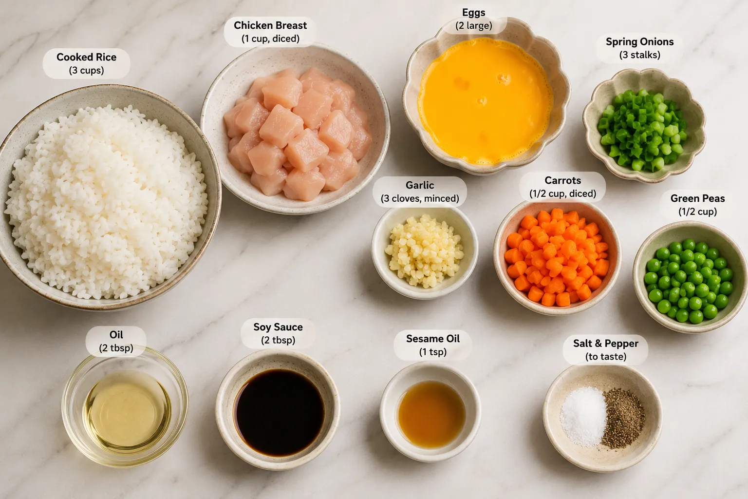 Fresh ingredients for Chinese Fried Rice including cooked rice, eggs, carrots, green peas, garlic, soy sauce, sesame oil, spring onions, and vegetable oil arranged on a wooden countertop.