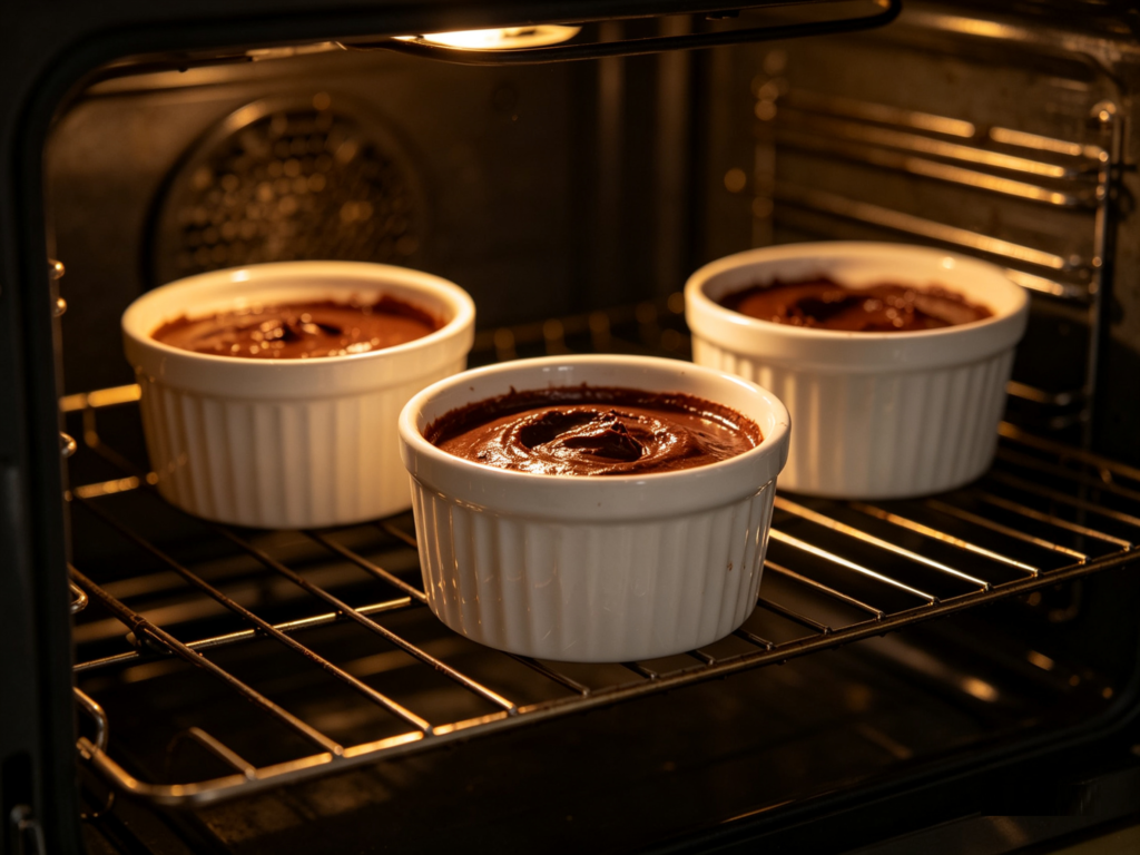 Lit oven with warm light inside, glass bowls filled with chocolate batter placed on the rack, oven door slightly open, cozy baking process view, warm golden tones.