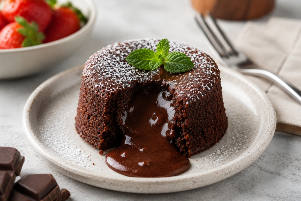 Chocolate lava cake with a rich molten center served on a ceramic plate on a dining table