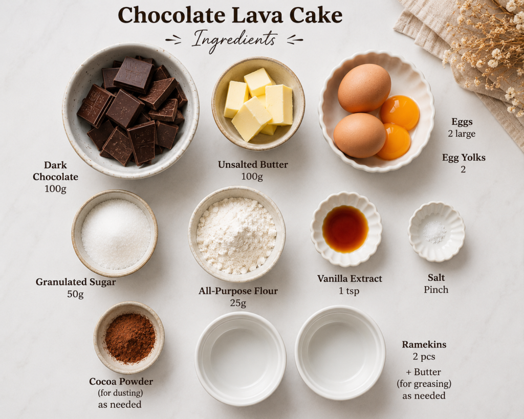 Chocolate lava cake ingredients including dark chocolate, butter, eggs, flour, sugar, vanilla extract, cocoa powder, and baking ramekins