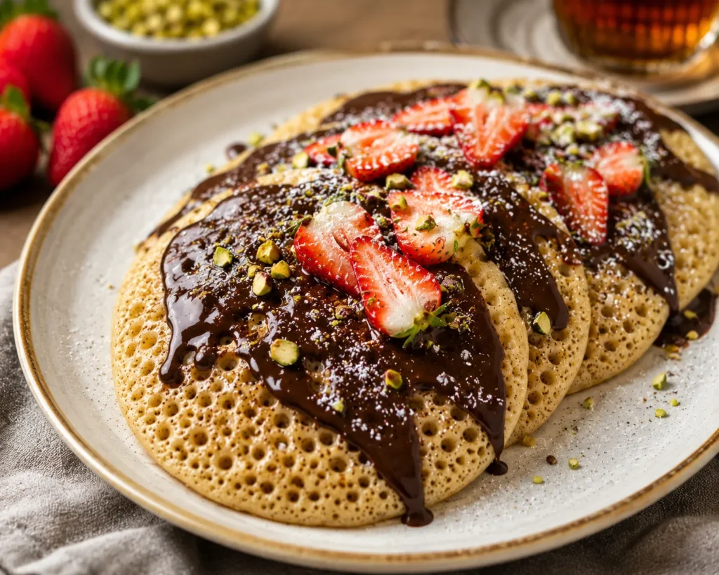 Chocolate Moroccan Baghrir topped with melted dark chocolate, fresh strawberries, chopped pistachios, and powdered sugar.