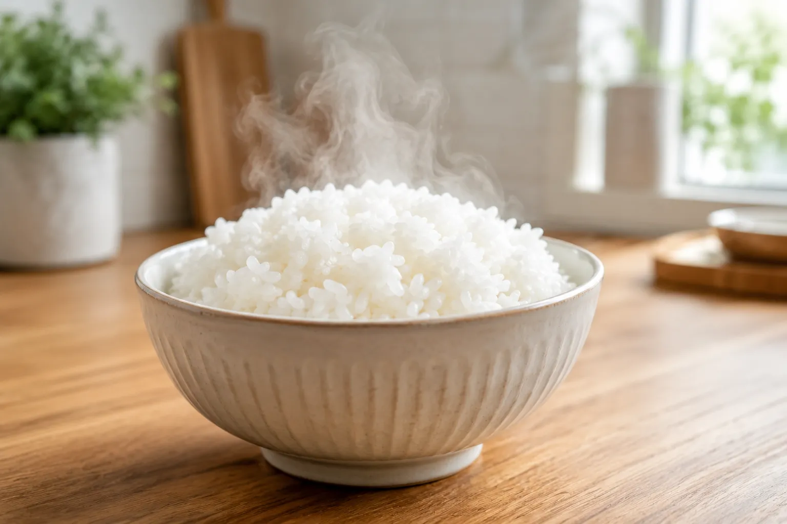 Freshly cooked short-grain white rice served in a ceramic bowl with steam rising, ready for making Gyeran Bap.
