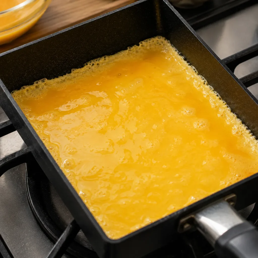 Thin layer of egg cooking evenly in a Japanese Tamagoyaki pan with golden edges beginning to set.